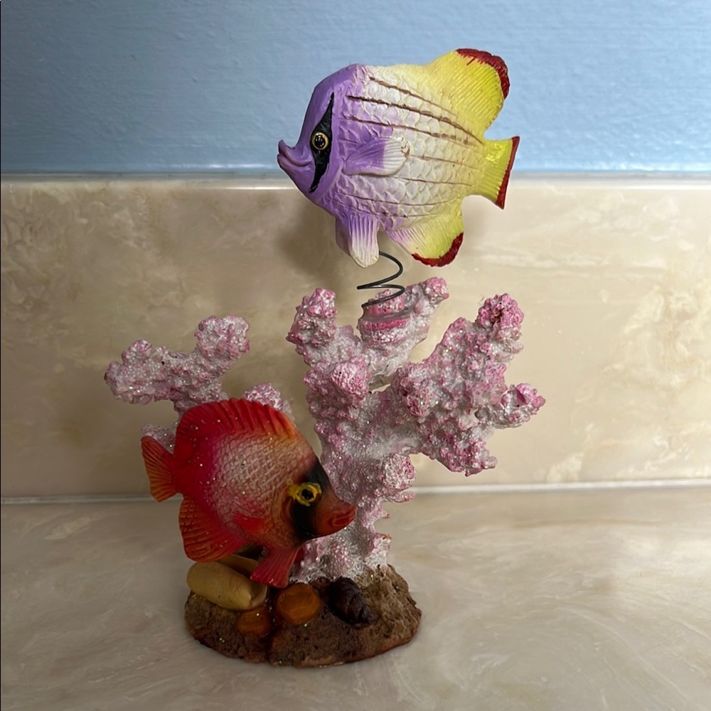 Vtg Orange & Purple/Yellow Fish on Pink Sparkly Coral Used as Aquarium Ornament